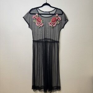 Potter Pot Dress Womens Size M Sheer Mesh Embroidered Floral Whimsical Romantic